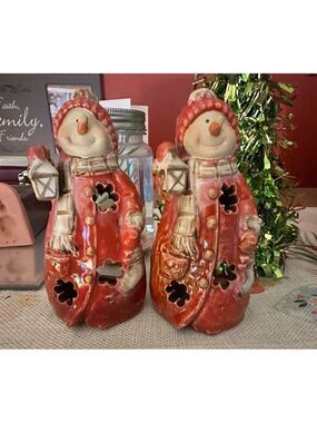 Snow Woman 2 Christmas Holiday Ceramic Tea Light Candle Holder Decor